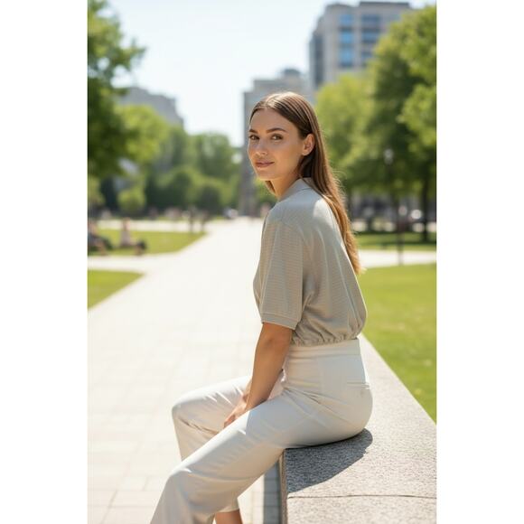 *POLO BY RALPH LAUREN* Preppy Gray/Green Crop Polo Pink Logo Women's M/L. - Picture 2 of 7